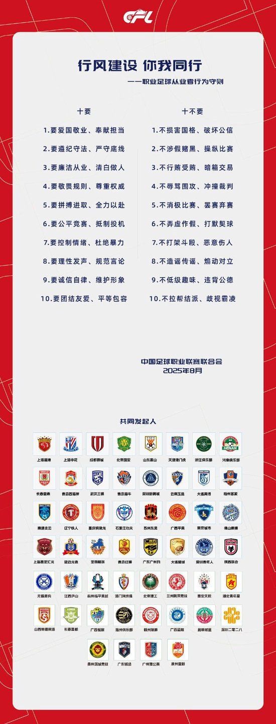 中足聯(lián)聯(lián)合俱樂部發(fā)布“十要十不要”從業(yè)者行為守則