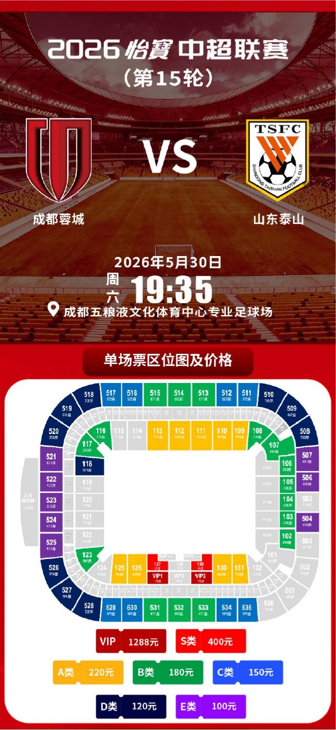 成都蓉城vs山東泰山球票今日14:00線上開售 限時(shí)搶購