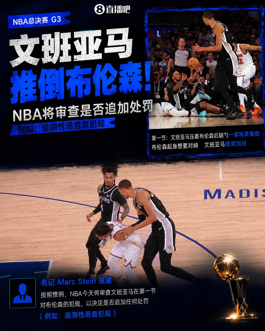 NBA審查文班亞馬推倒布倫森動(dòng)作，或追加惡意犯規(guī)